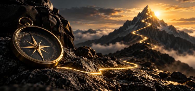 Boussole dorée au premier plan et chemin lumineux traversant une montagne sombre jusqu’au sommet.