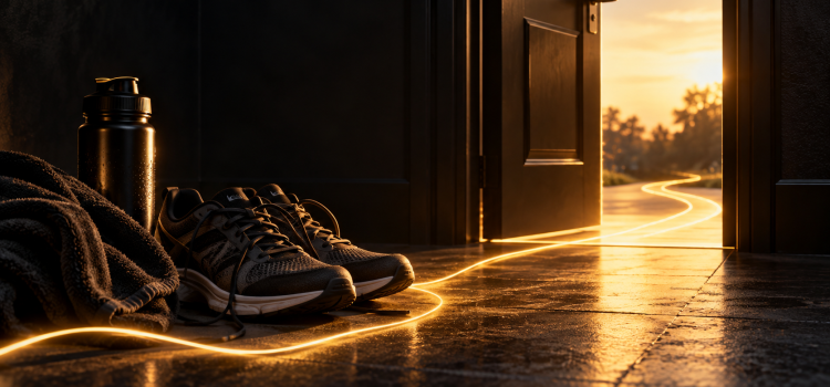 Chaussures de sport devant une porte ouverte, traversées par un fil doré qui guide vers l’extérieur et symbolise le passage de l’attente à l’action.