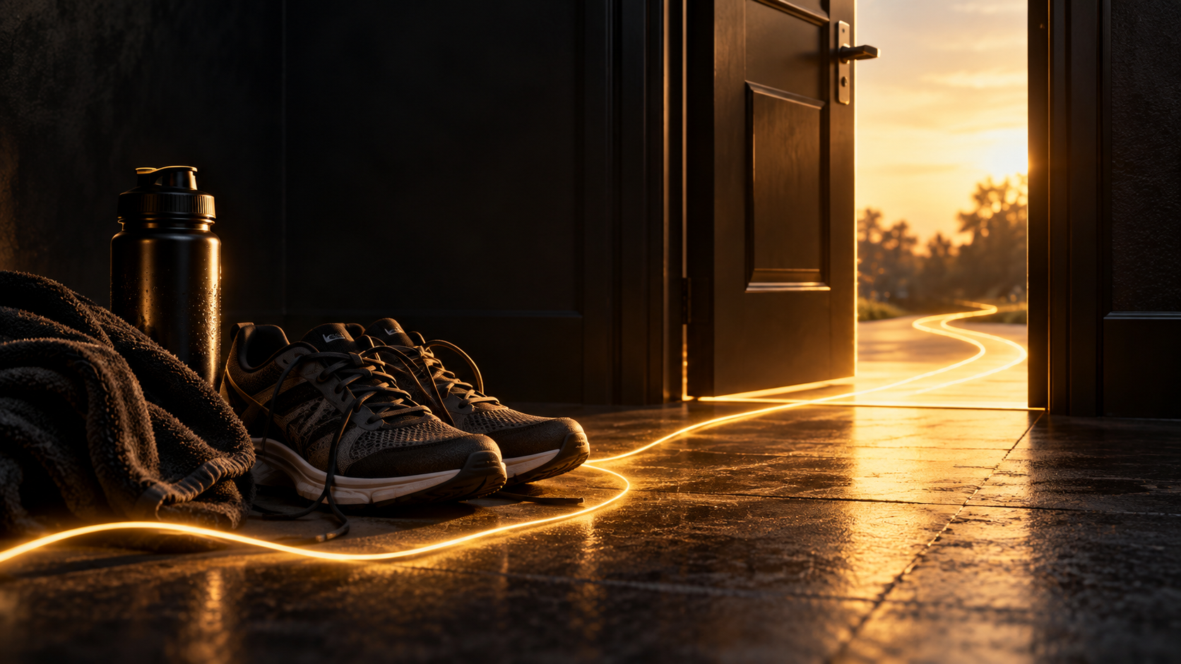 Chaussures de sport devant une porte ouverte, traversées par un fil doré qui guide vers l’extérieur et symbolise le passage de l’attente à l’action.