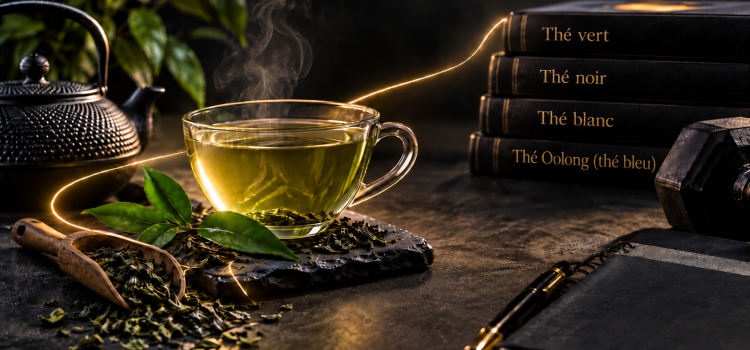 Thé vert : hydratation, santé et perte de graisse Tasse de thé vert fumante entourée de feuilles de thé, d’une théière noire et de quatre livres consacrés au thé vert, noir, blanc et oolong, traversés par un fil doré lumineux.