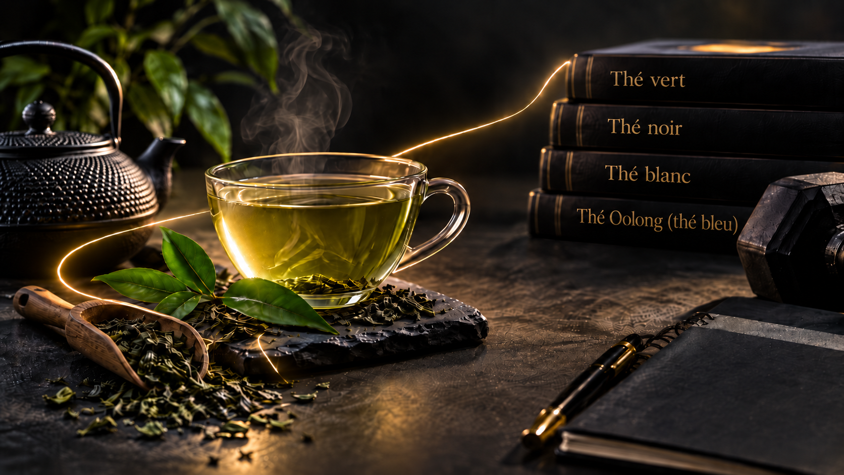 Tasse de thé vert fumante entourée de feuilles de thé, d’une théière noire et de quatre livres consacrés au thé vert, noir, blanc et oolong, traversés par un fil doré lumineux.